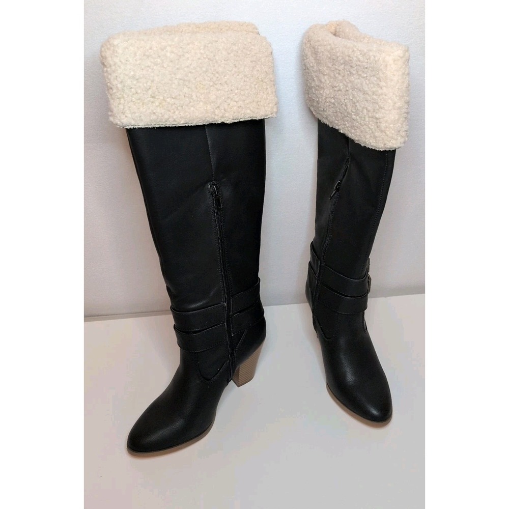 Just Fab Boots Sachi Black With Turn Down Cuff Sherpa, Size 6 Wear Up or Down